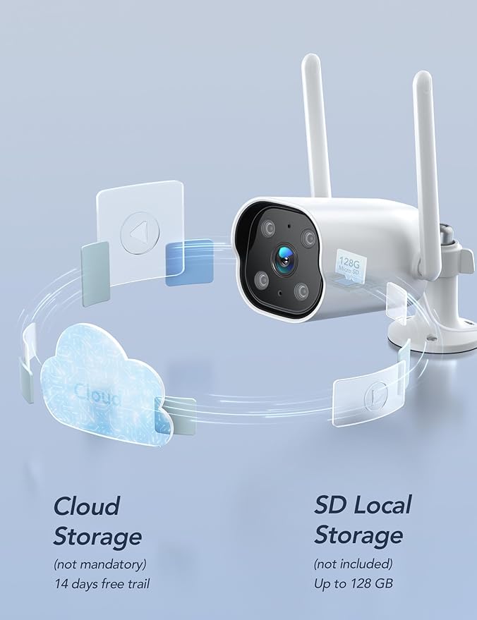 GNCC Security Camera Outdoor, 2K Cameras for Home Security, Color Night Vision, Motion Detection, 2-Way Audio, 24/7 Recording, Cloud & SD Card Storage, IP65 Waterproof, 2.4GHz WiFi, White