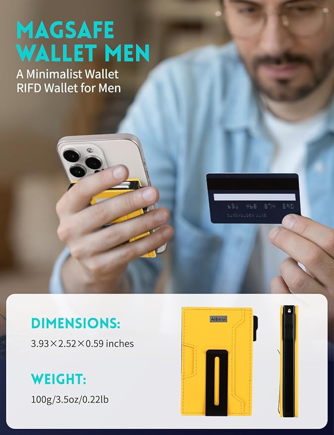 Wallet for men,Magsafe Wallet with Money Clip,Ridge Wallets for Men | Magnetic wallet for iPhone 17/16/15/14/13/12 Series,Card Holder(8 Cards & Bills), Aluminum & Microfiber Leather,Yellow