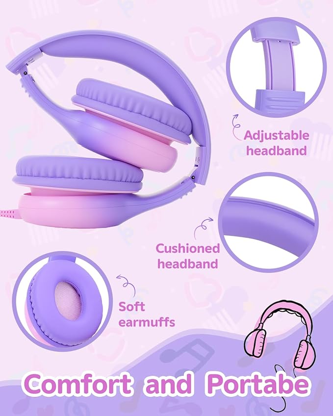Over Ear Kids Headphones with HD Mic, Safe Volume Limited Wired Headphones for School, Travel, Stereo Sound Headphones with Cord, Foldable 3.5mm Headphones for iPad, Laptop, PC, Purple-Pink