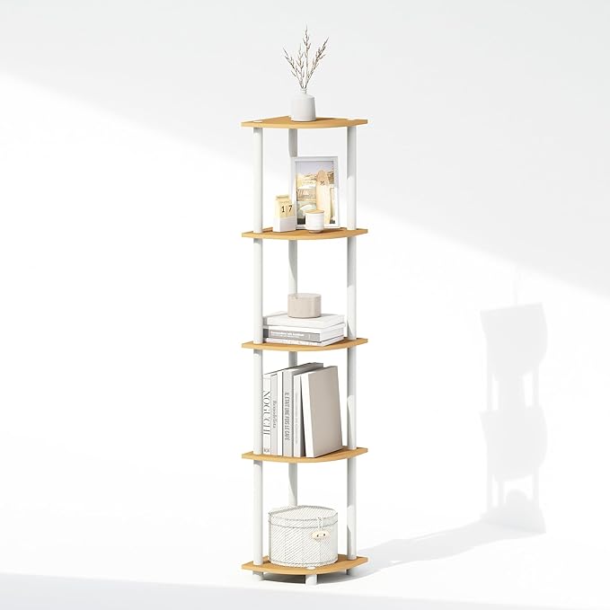 Furinno Turn-N-Tube Corner Shelf, 5-Tier Corner Display Rack, Shelving Unit, for Organization and Storage, Living Room, Home Office, Garage, Bedroom, Beech