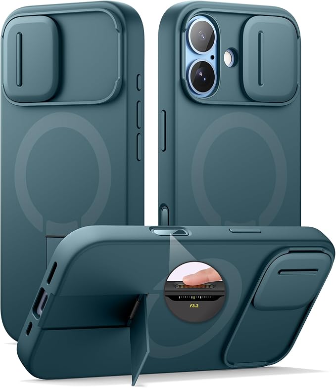 SURITCH for iPhone 17 Case with Camera Control Cover, Camera Slide Cover and Adjustable Kickstand, Compatible with MagSafe, Shockproof Bumper Protective Cases 6.3 Inch, Lake Green