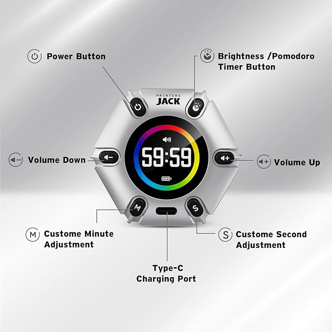 Jack Pomodoro Timer - Productivity Cube & Visual Focus Timer, Mute & Vibration & Adjustable Sound Alert, for Office, ADHD, Study & Work, 3/5/10/25/30/60min & Custom Countdown - Silver