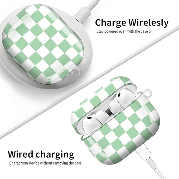 Compatible with AirPod Pro 3 (2025),Cute Case Cover for Women & Men, Full Protection Shockproof Hard Case with Keychain, Wireless Charging Case Accessories(Green White Checkered)