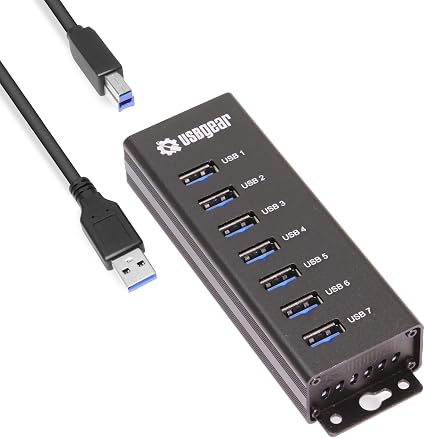 USBGear 7-Port USB Hub 3.2 Gen 1 – Mountable SuperSpeed Data Hub with USB Ports for Laptop, PC, Desktop, and More, 5V/4A Power Adapter with Type-A to Type-B Cable (3ft), Computer Accessories