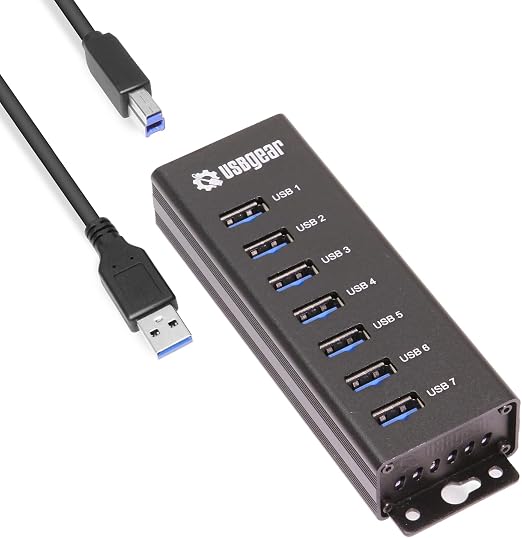 USBGear 7-Port USB Hub 3.2 Gen 1 – Mountable SuperSpeed Data Hub with USB Ports for Laptop, PC, Desktop, and More, 5V/4A Power Adapter with Type-A to Type-B Cable (3ft), Computer Accessories