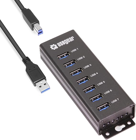 USBGear 7-Port USB Hub 3.2 Gen 1 – Mountable SuperSpeed Data Hub with USB Ports for Laptop, PC, Desktop, and More, 5V/4A Power Adapter with Type-A to Type-B Cable (3ft), Computer Accessories