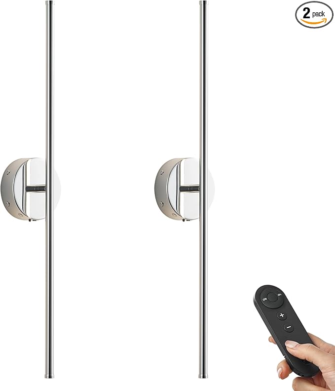 Battery Operated Wall Sconces with Remote Control, Dimmable Wall Sconces Set of Two, 350°Rotate, 3000K LED Chrome Wireless Wall Light for Living Room, Bedroom,Hallway, 24.4 Inch (2 Pack)