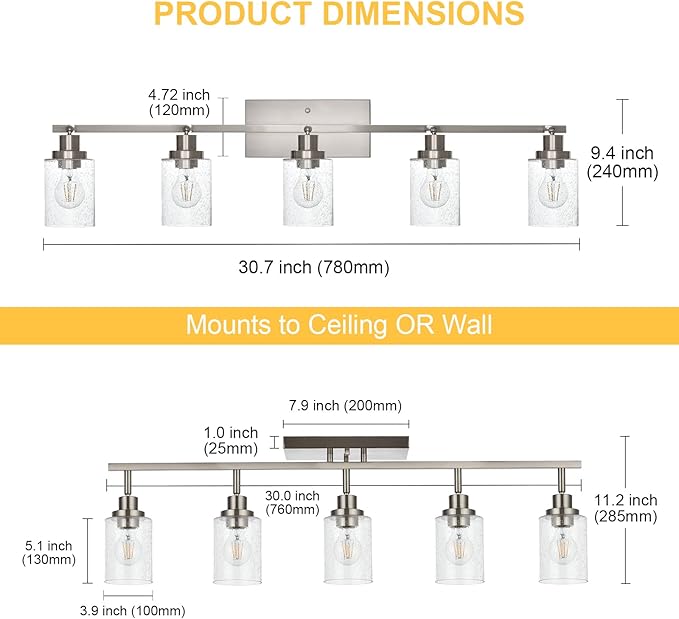 5-Light Brushed Nickel Kitchen Track Lighting Fixtures Ceiling Mount Track Lighting Kit with Bubble Seeded Glass Shade Modern Bathroom Tracking Vanity Lights Ceiling Tracking Accent Shop Light