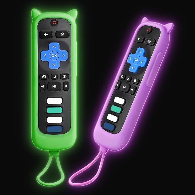 Remote Cover for Roku – 2 Pack Silicone Case Compatible with Roku TV Remotes for TCL/Hisense, Streaming Stick & Express, Universal Controller Sleeve, Glow in The Dark (Purple & Green)