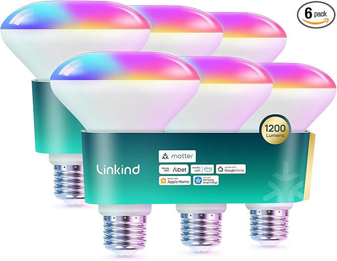 Linkind Matter Smart Light Bulb,1200LM 85W BR30 Smart Flood Light Bulbs Work with Alexa, Apple Home, Google Home, RGBTW Recessed Color Changing Bulbs E26, 2.4GHz Only WiFi Light Bulbs LED, 6Pack