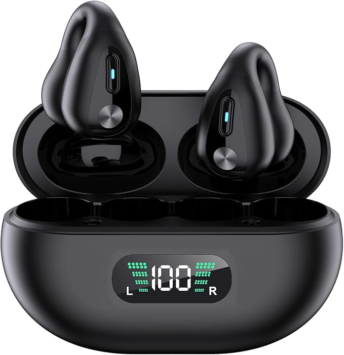 Open-Ear Wireless Headphones Bluetooth Clip On Mini Earbuds Charging Case Ear Buds Sports Bone Conduction Headphones Earphones for TV Phone Laptop Music (Black)