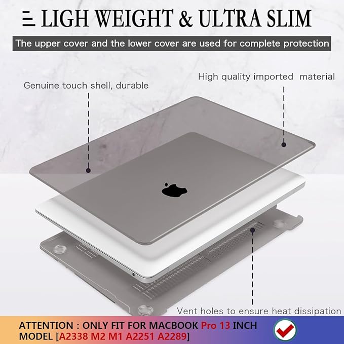 CISSOOK Case for MacBook Pro 13 Inch 2023 2022 2021 2020 Touch Bar, Grey Hard Shell Case Cover for MacBook Pro 13" M2 M1 A2338 A2251 A2289 Model with Keyboard Cover and Screen Protector - Gray