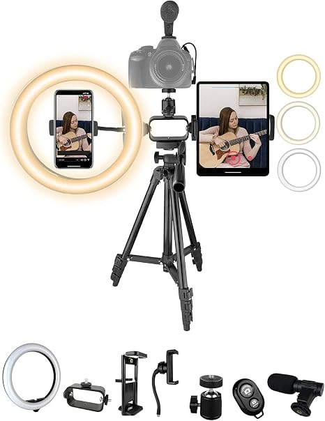 Acuvar Vlogging Kit with Ring Light Tripod – Content Creator Kit for iPhone, Android & Tablets, Microphone, Remote, YouTube & TikTok Starter Kit for Influencers