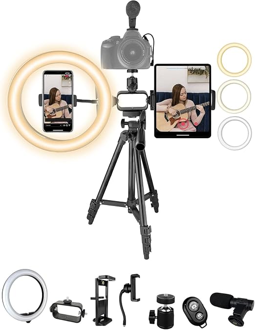 Acuvar Vlogging Kit with Ring Light Tripod – Content Creator Kit for iPhone, Android & Tablets, Microphone, Remote, YouTube & TikTok Starter Kit for Influencers