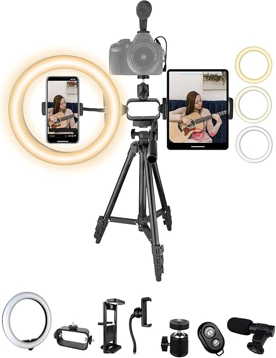 Acuvar Vlogging Kit with Ring Light Tripod – Content Creator Kit for iPhone, Android & Tablets, Microphone, Remote, YouTube & TikTok Starter Kit for Influencers