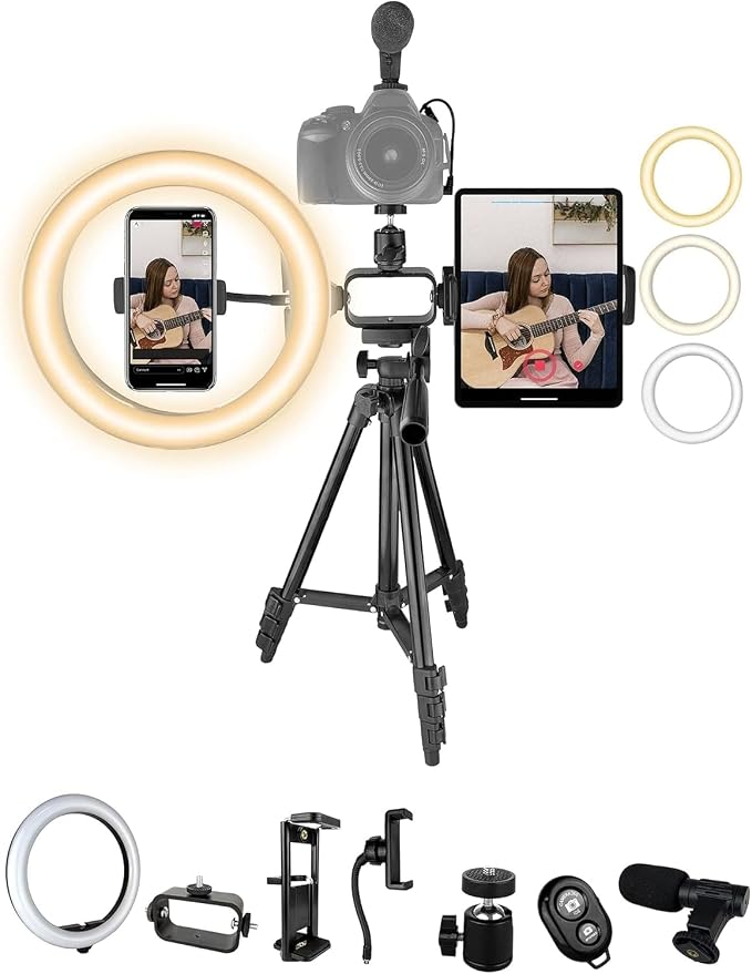 Acuvar Vlogging Kit with Ring Light Tripod – Content Creator Kit for iPhone, Android & Tablets, Microphone, Remote, YouTube & TikTok Starter Kit for Influencers