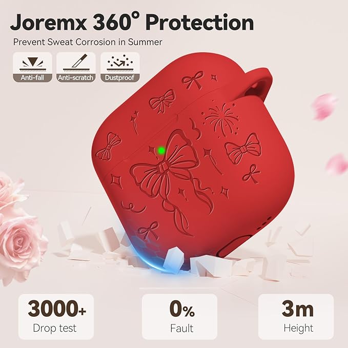 for Airpods 4 Case Cover, Joremx Cute Bow Engraved Silicone Protective Case Cover with Keychain, Cleaner Kit for AirPods 4th Generation Case 2024 (Red)
