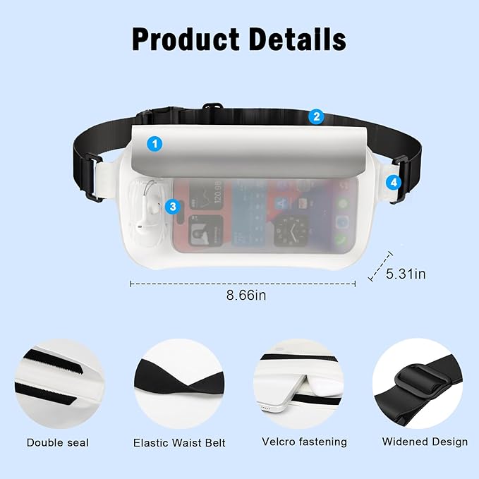 Waterproof Waist Bag, Passport Wallet Tote, IPX8 Waterproof Rating, Underwater-Use Phone Pouch, TUP Dry Bag, Ideal for Diving, Swimming, Kayaking (1 black and 1 white)