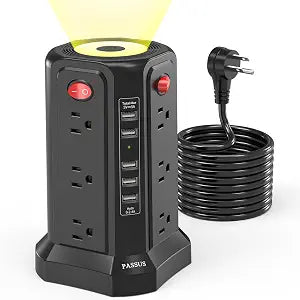 PASSUS Surge Protector Power Strip Tower with 5 USB Ports Black