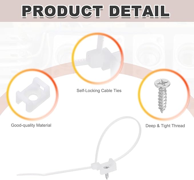 MECCANIXITY 100pcs 0.58" Cable Tie Saddle Type Mounts Base with 8" Cable Zip Ties and M3 Tapping Screws, Wire Organizer Holder Clamps Set, White
