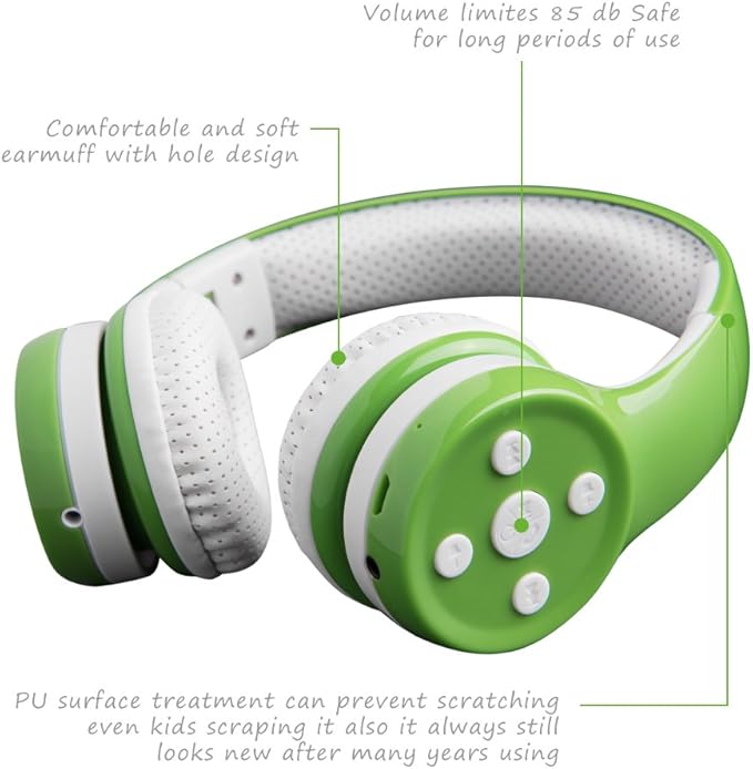 Toddler Headphones Wireless, Bluetooth Kid Headphones for Boys Girls,5 Button Easy use with Sharing Port, Built in Mic for Laptop Phones Computer (bs690 Green)
