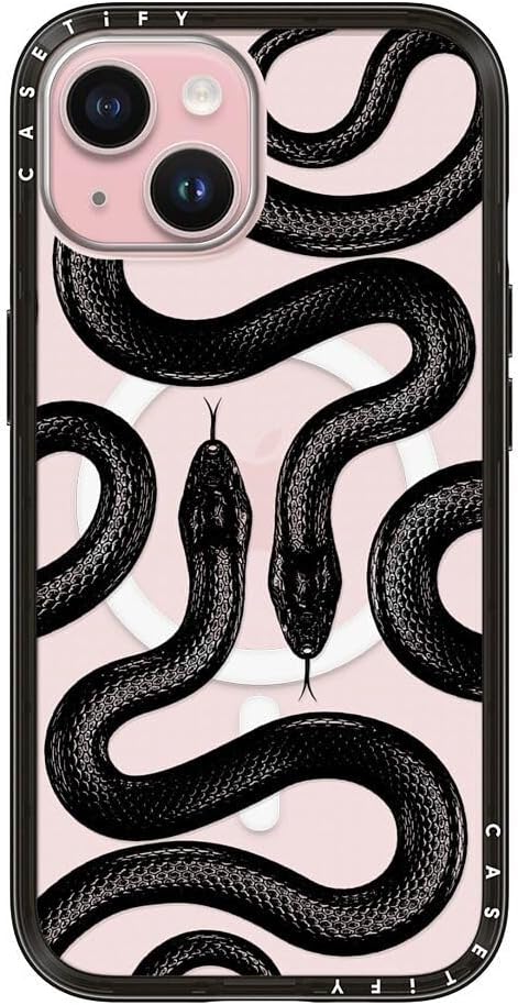 CASETiFY Compact iPhone 15 Case [Slim and Sleek/Compatible with Magsafe / 4 ft. 2X Military Grade Drop Protection] - Black Kingsnake - Clear Black