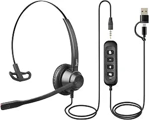 X1 ENC Single Ear Office Headset with USB-C/A & 3.5mm - Environmental Noise Cancelling Mic - Wired Call Center Headset for PC Laptop Phone