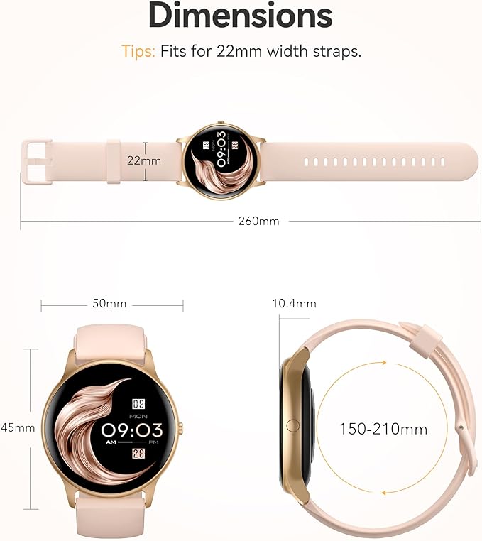 AGPTEK Smart Watch for Women Men, 5ATM Waterproof Fitness Tracker Watch, Full Touch Sports Smartwatch with Heart Rate Monitor Message Notification for Android iOS Phones (Rose Gold)