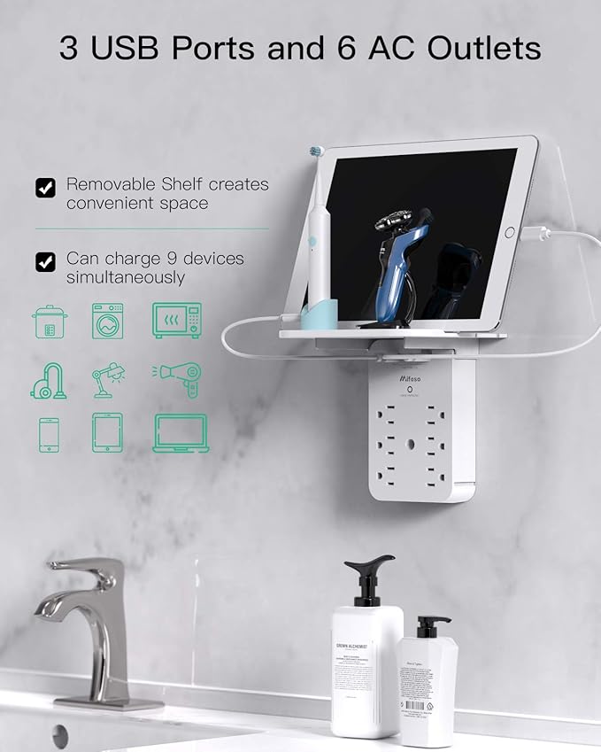Outlet Extender with Shelf, Mifaso Surge Protector 6 AC Multi Plug Wall Outlets and 3 USB Ports, PD 20W USB-C Charger, Outlet Splitter for Bathroom Home