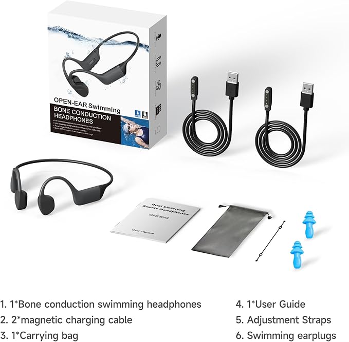 Bone Conduction Swimming Headphones,Waterproof IP68,Bluetooth 5.4, Built-in 32GB TF Swimming Headphones Underwater Music Player, Open Ear Bluetooth Earbuds (Black)