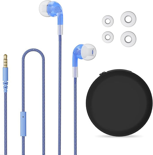 GEEKRIA Kids Wired Earbuds with Mic & Volume Control for School and Online Class, Children's 3.5mm Jack in-Ear Earphone with 85dB Volume Limit for Small Ears, Storage Case Included (Blue)
