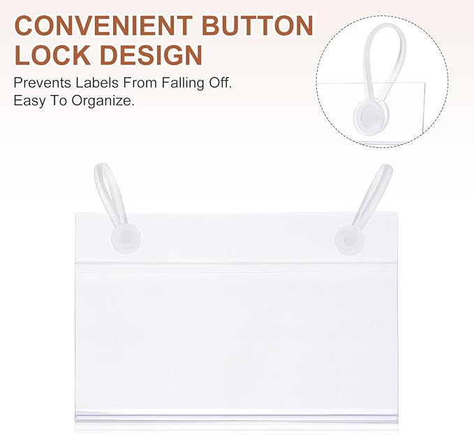 PATIKIL 3.1" x 2.2" Basket Labels Holders, 30 Pack Reusable Plastic Wire Shelf Label Holder Tag Display Clip with Button Lock with Paper Inserts Pens for Home Market Store, Clear