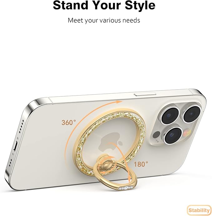 Allengel Magnetic Phone Grip for MagSafe, Magnetic Ring Holder Compatible with MagSafe Phone Ring, 360°Rotating Finger Kickstand for iPhone 16 Pro Max 15 14 13 12 Plus & Android(Gold Bling Silver)