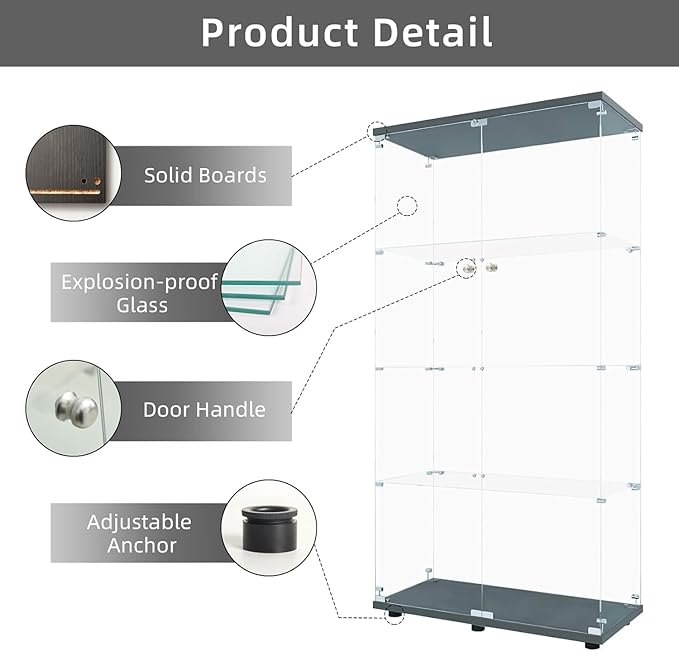 LFT HUIMEI2Y Glass Display Cabinet 4-Shelf with Double Door, Curio Cabinets Fast Installation in 30 Mins, Tempered Glass Floor Standing Bookshelf for Bedroom, Living Room 64.7”x 32”x 14.4” Black