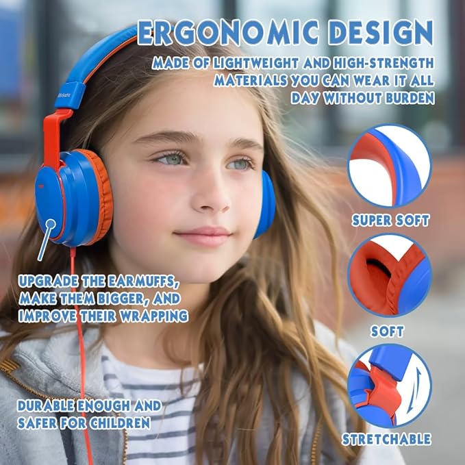 Headphone Kids Volume Limited 85/94dB Wired Over-Ear/On-Earr Foldable Headset with Inline Cable Aux 3.5mm Cord Mic for Toddler Boy Girl Child Back to School Study Pad Tablet Blue