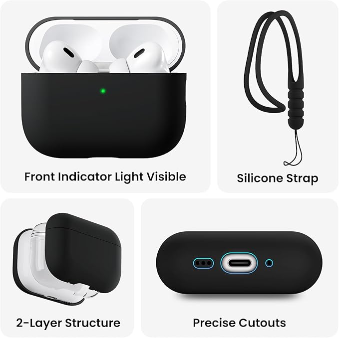 ORNARTO Compatible with AirPods Pro 3 Case 2025, Full Protective Hybrid Silicone for AirPods Pro 3rd Generation Case, Front LED Visible Skin Cover-Black