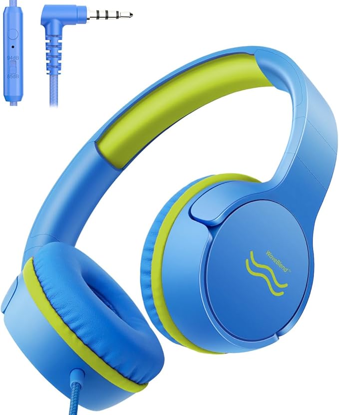 Wired Kids Headphones with Mic, Foldable, Volume Control Safe Listening(85/94dB), 3.5mm Jack on-Ear Headset for Chilren/Teens/Easter Day/School/Travel/Plane/Tablet/Laptop,BlueLimeGreen