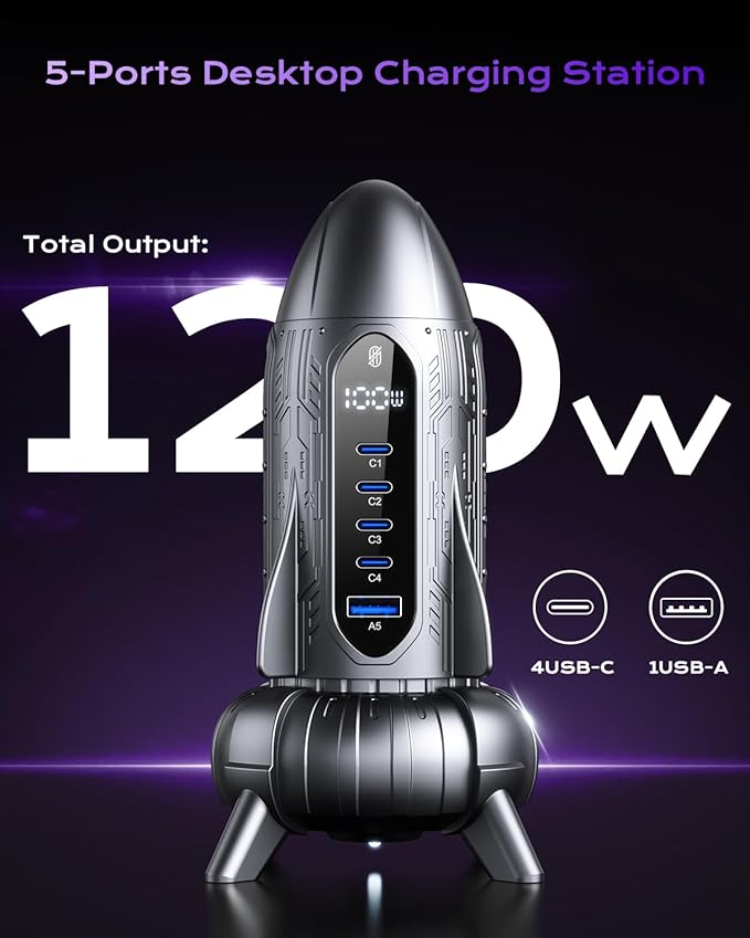 120W Charging Station,ASOMETECH 5 Ports GaN USB C Charger PD Fast Charging Hub,4 USB-C & 1 USB A Port,Gifts for Women Men,PD 100W Laptop Charger Adapter Compatible with MacBook,iPhone,Samsung,Tablet