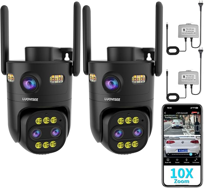 Indoor/Outdoor Cameras for Home Security 2Pack,2.4/5G WiFi Camera Wired,10x Hybrid Zoom,Plug-in 9.8ft Cable,360° Pan Tilt,Auto-Tracking,24/7 Recording,Work with NVR/DVR