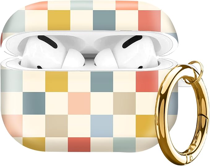 Compatible with AirPod Pro Case 2nd/1st Gen (2023/2022/2019),Shockproof Protective Cover with Keychain for Women,Cute Charging Case for Airpod Pro 2/1(Checkered Beige Light Colors)