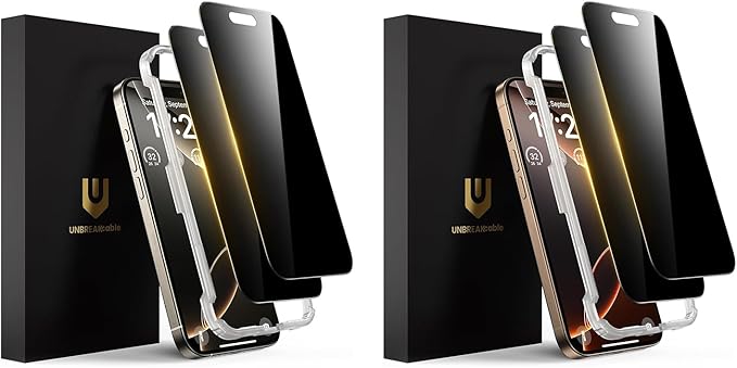 UNBREAKcable Privacy Screen Protector Bundle for iPhone 16 Pro Max (2 Pack) & iPhone 16 Pro (2 Pack), Tempered Glass, True 28° Anti-Spy, 9H Shatterproof, Case-Friendly, Easy Install Frame