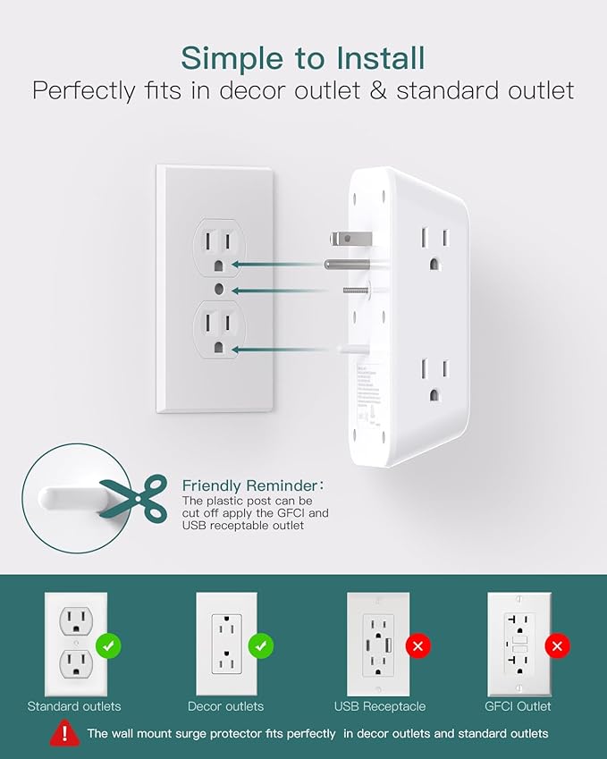Addtam Surge Protector Outlet Extender, 6-Outlet Splitter with 4 USB Wall Charger(PD 20W), Multi Plug Wall Outlet 1800J Power Strip for Home Office Dorm Room Essentials, White
