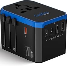 Ceptics 70W GAN Universal Travel Adapter, 2 USB-A, 3 USB-C, Universal Input - Image 1