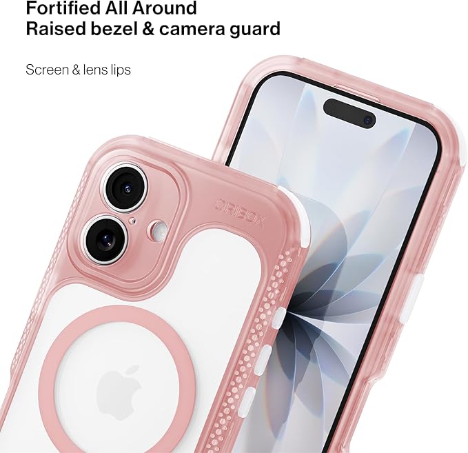 ORIbox Seralyn Series for iPhone 16 Case - MagSafe Compatible, Triple-Layer Shockproof Protection, Crystal-Clear Back with Elegant Matte Frame(6.1", Blush Rose)