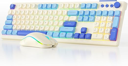 Wireless Keyboard and Mouse Combo, RGB Backlit Rechargeable 2000 mAh Battery, Wireless Computer Keyboards, Tri-Mode Bluetooth/2.4GHz/USB-C Custom Creamy Keyboard, RGB Backlit Media Knob