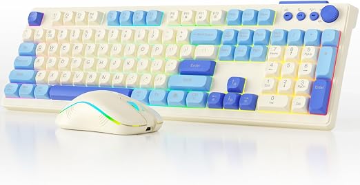 Wireless Keyboard and Mouse Combo, RGB Backlit Rechargeable 2000 mAh Battery, Wireless Computer Keyboards, Tri-Mode Bluetooth/2.4GHz/USB-C Custom Creamy Keyboard, RGB Backlit Media Knob
