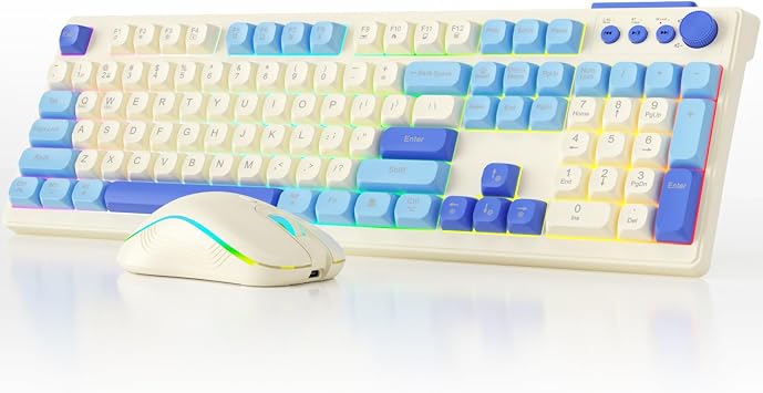 Wireless Keyboard and Mouse Combo, RGB Backlit Rechargeable 2000 mAh Battery, Wireless Computer Keyboards, Tri-Mode Bluetooth/2.4GHz/USB-C Custom Creamy Keyboard, RGB Backlit Media Knob