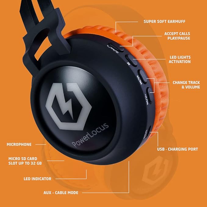 PowerLocus Kids Headphones Wireless, Bluetooth Headphones for Kids Over Ear, LED Lights, 85dB Safe Volume Limit, Foldable, Micro SD Mode, Built-in and Line-in Microphone for Phones,Tablets,Laptop