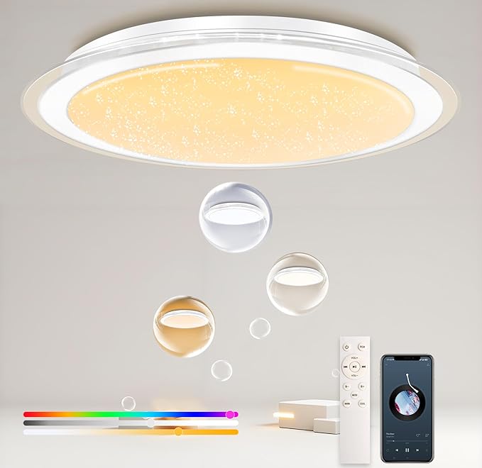 WF-Version LED Ceiling Light with Speaker 60W 21Inch Control via app/Voice/Remote Adjustable Brightness & Color Temperature Ceiling Lamp RGB Ambient Lighting for Bedroom Kids Room and More