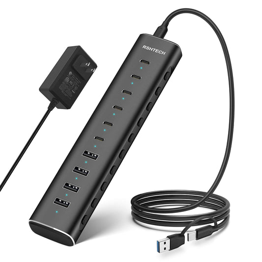 RSHTECH 10-Port Powered USB C 3.2 Hub 60W with 10Gbps USB 3.2 Ports(6C+4A)